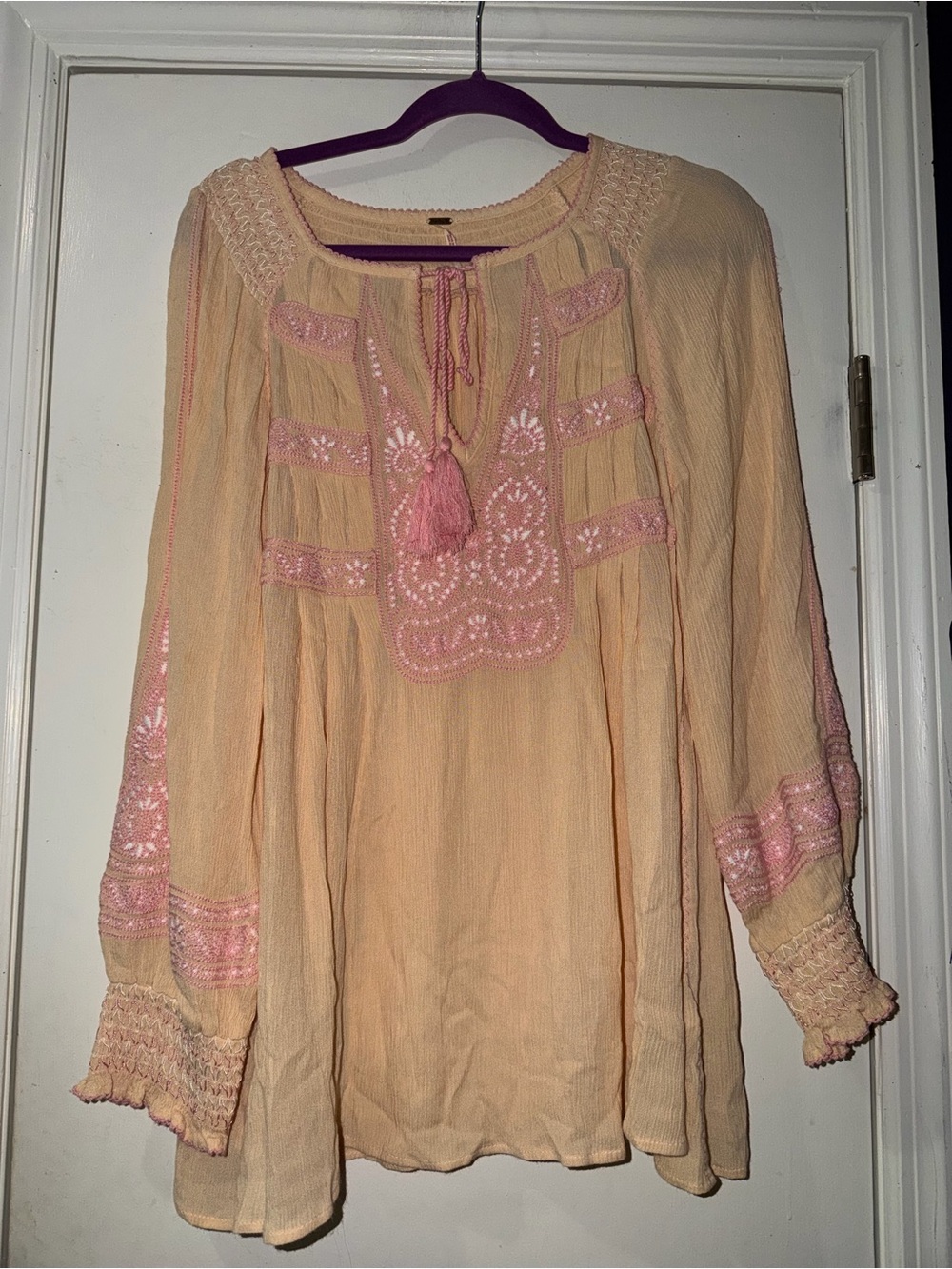 Free People Peach Blouse with Pink Embroidery